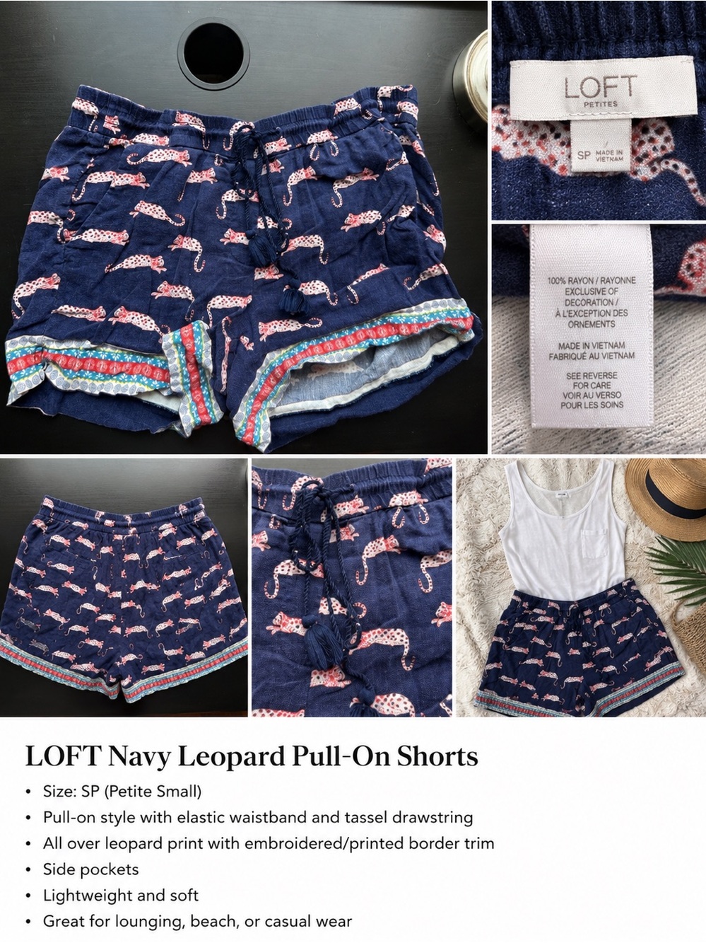 LOFT Navy Pull-On Shorts with Pink Leopard Print and Tassel Drawstring